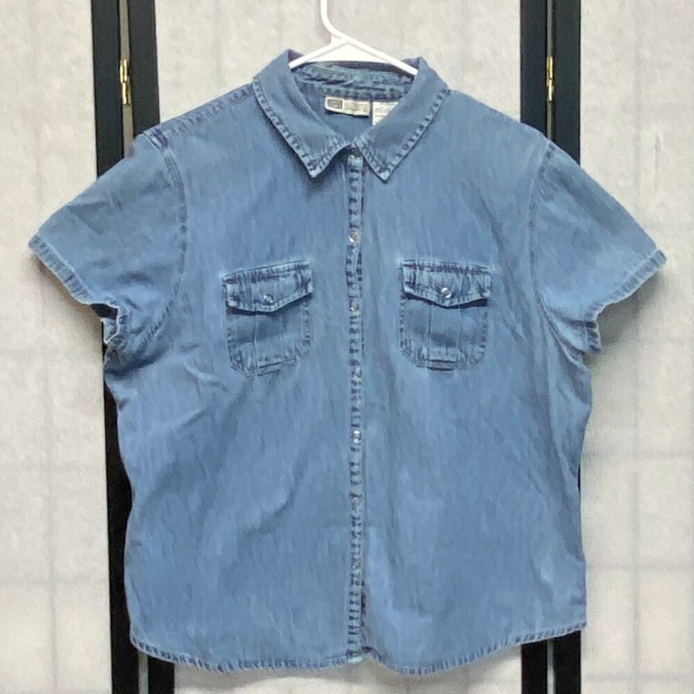 Faded Glory Chambray Blue Work Shirt Short Sleeve Snap Front Flap Pockets XL
